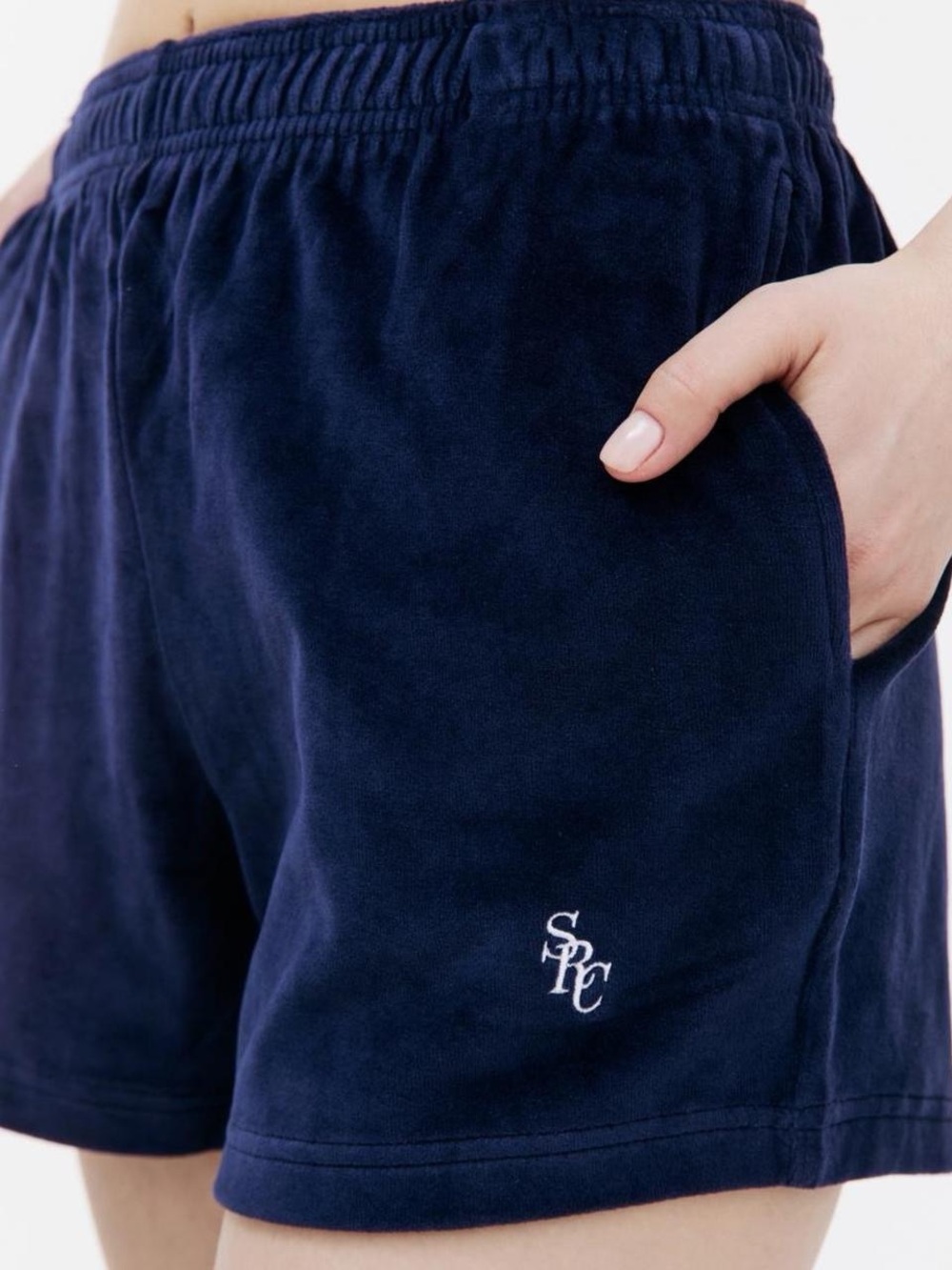 Sporty & Rich Velour Track Shorts in Navy - M